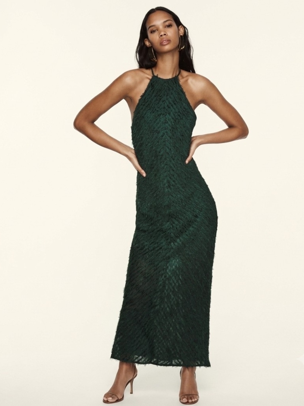 Zara Fringe Feather Deep Green Halter Midi dress Night Party Quiet Luxury